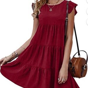 Sleeveless Burgundy Tiered Mini Dress with Ruffle Shoulders
